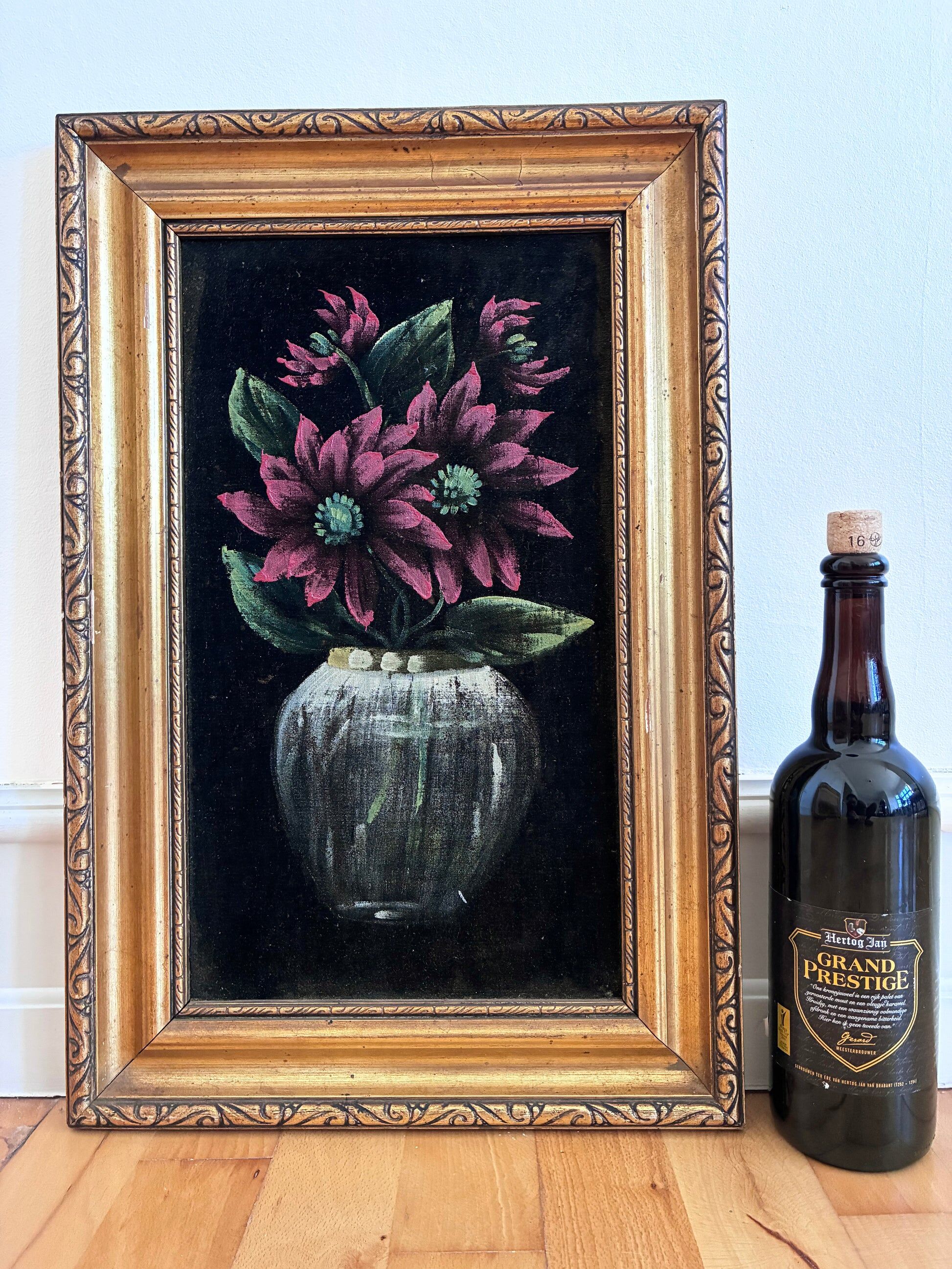 Set vintage original velvet flower oil painting, pair of flower still life art
