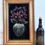 Set vintage original velvet flower oil painting, pair of flower still life art