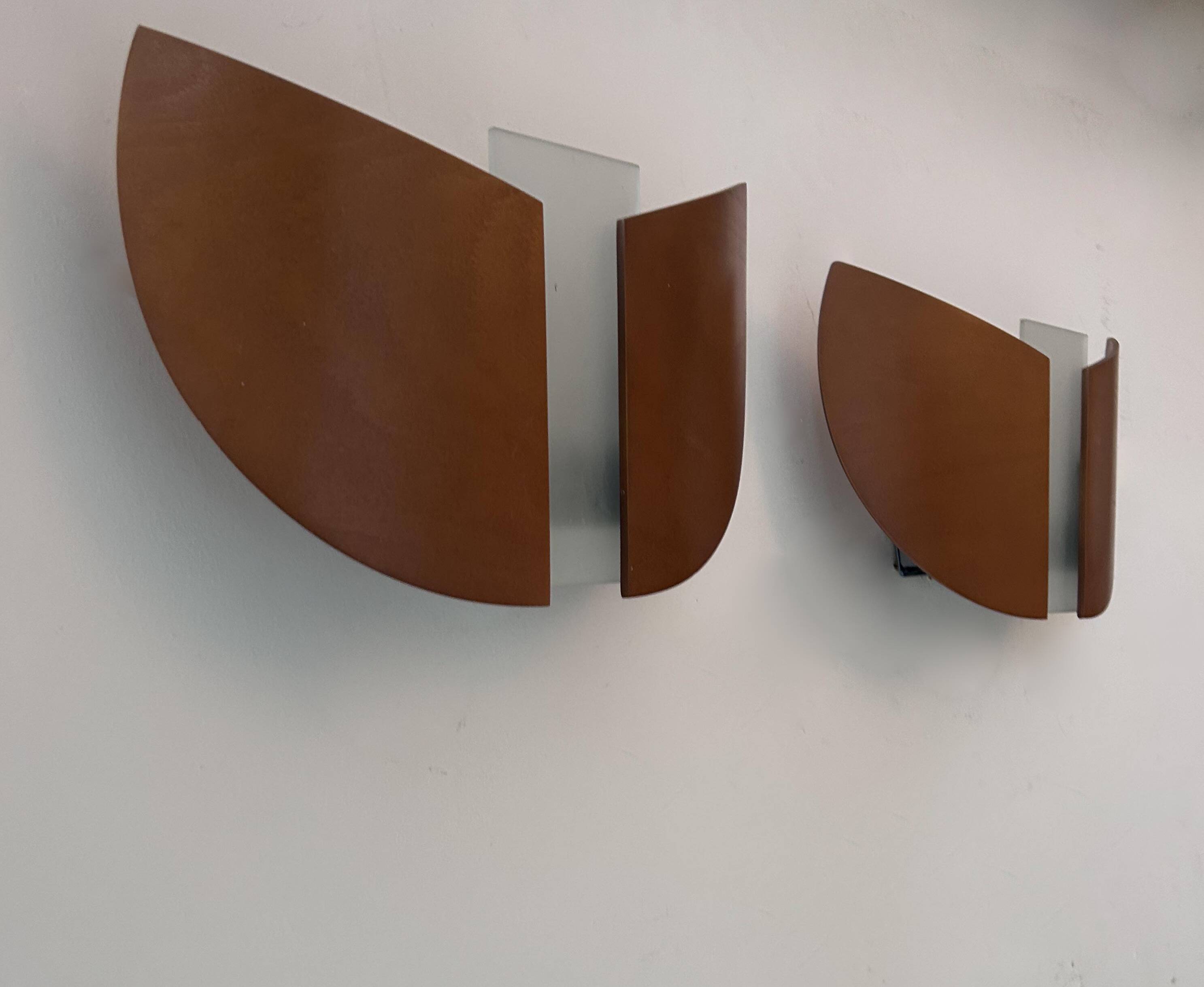 Pair of vintage thermoformed wood and sandblasted glass wall lights, France, 1980