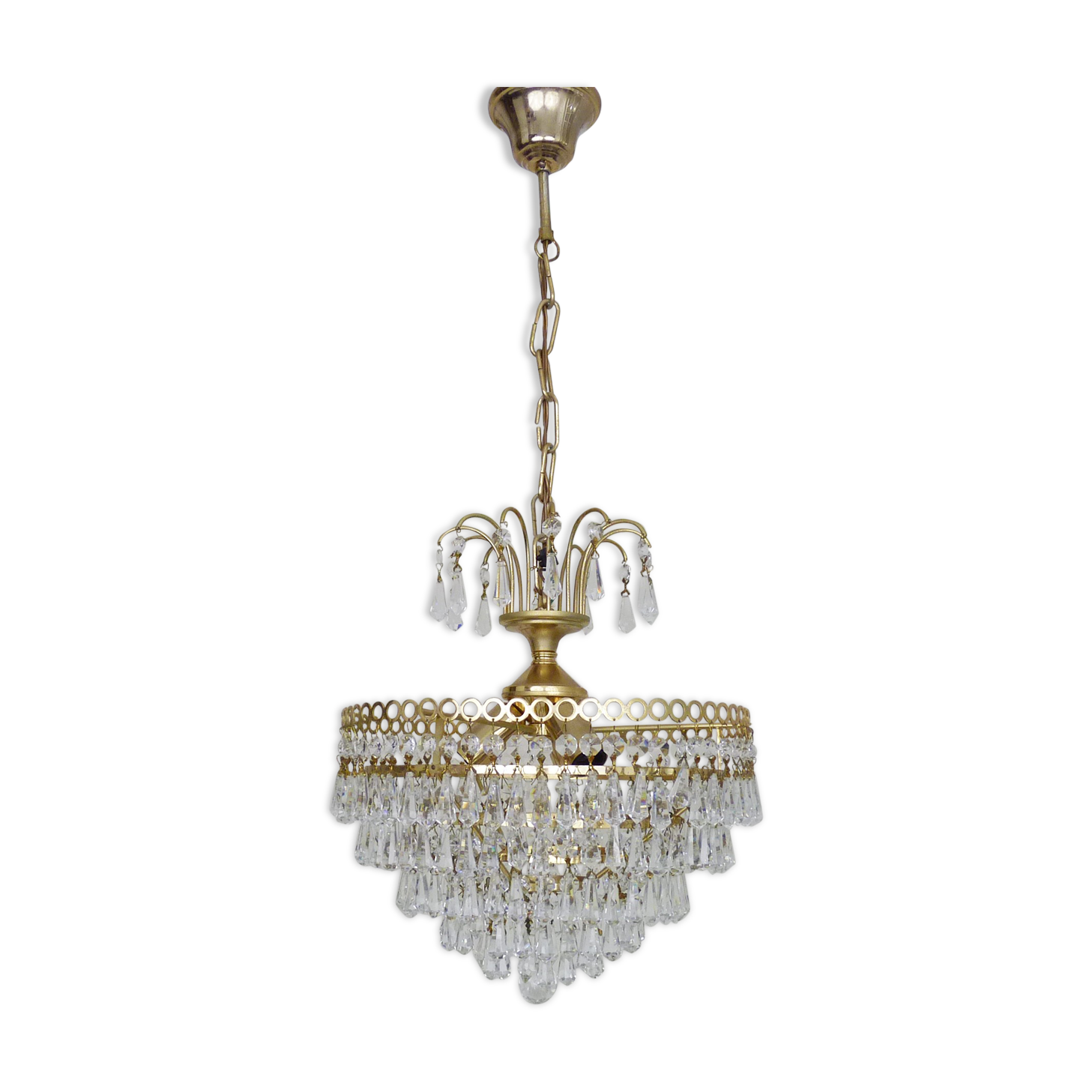 Chandeliers, brass crown ceiling lamp, 5 floors, 3 lights, glass tassels. Year 80 90