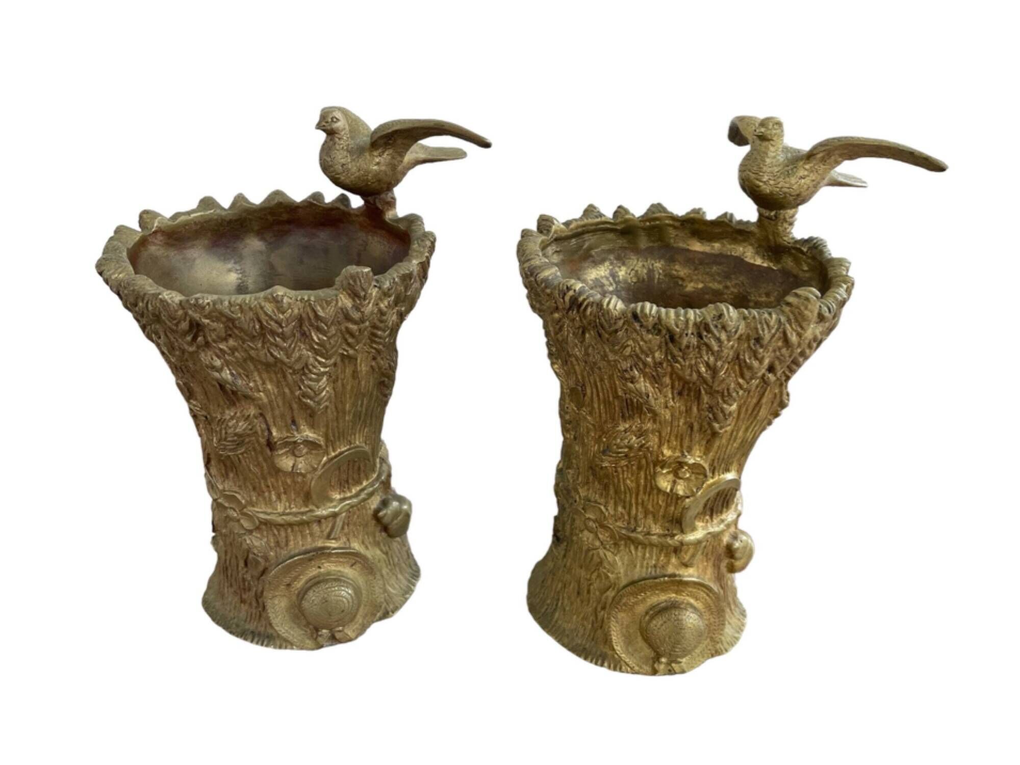 Pair of vases, solid bronze, gilded, early 20th century work, dove decoration, sheaf of wheat, art