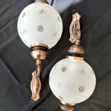 SCONCES BALL 1 pair of frosted glass with engraved stars and polished rounds