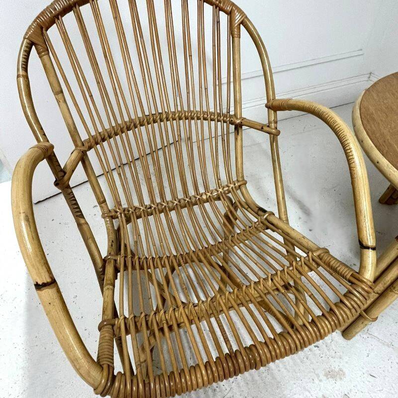 Audoux-Minnet rattan lounge set, 2 armchairs and table 1950-1960