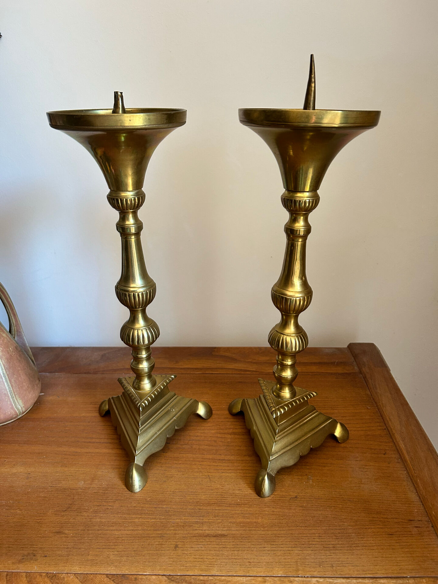 Pair of antique brass virgin spikes