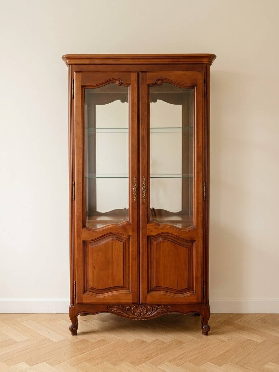 Antique cherry wood display cabinet in Louis XV style