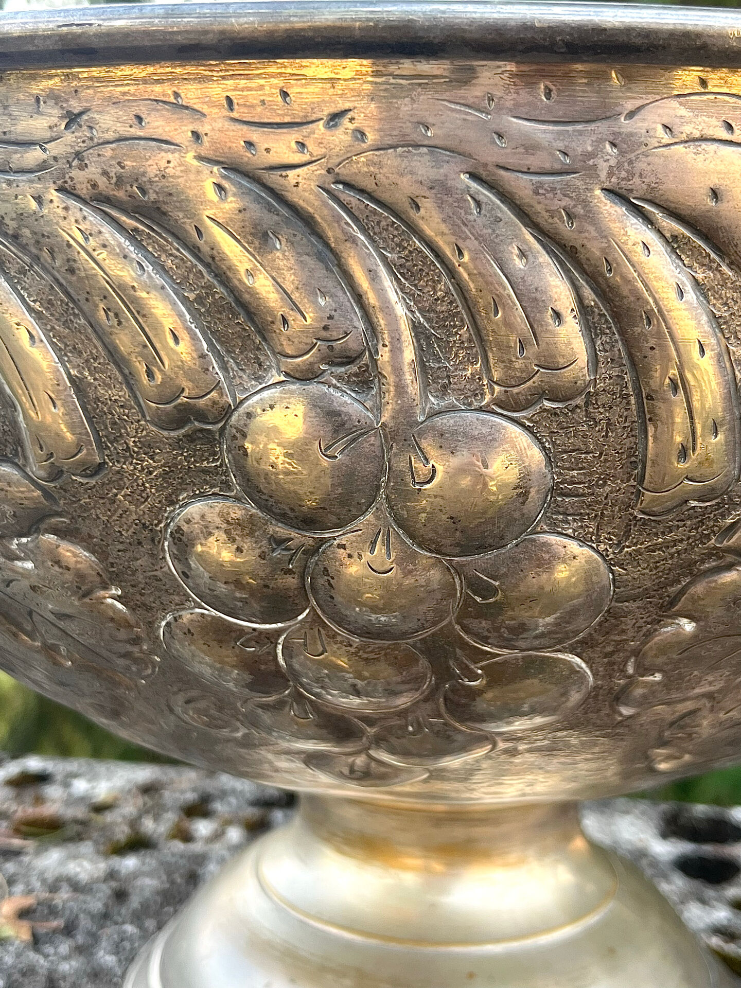 Large silver plated champagne cooler bowl on pedestal with grape