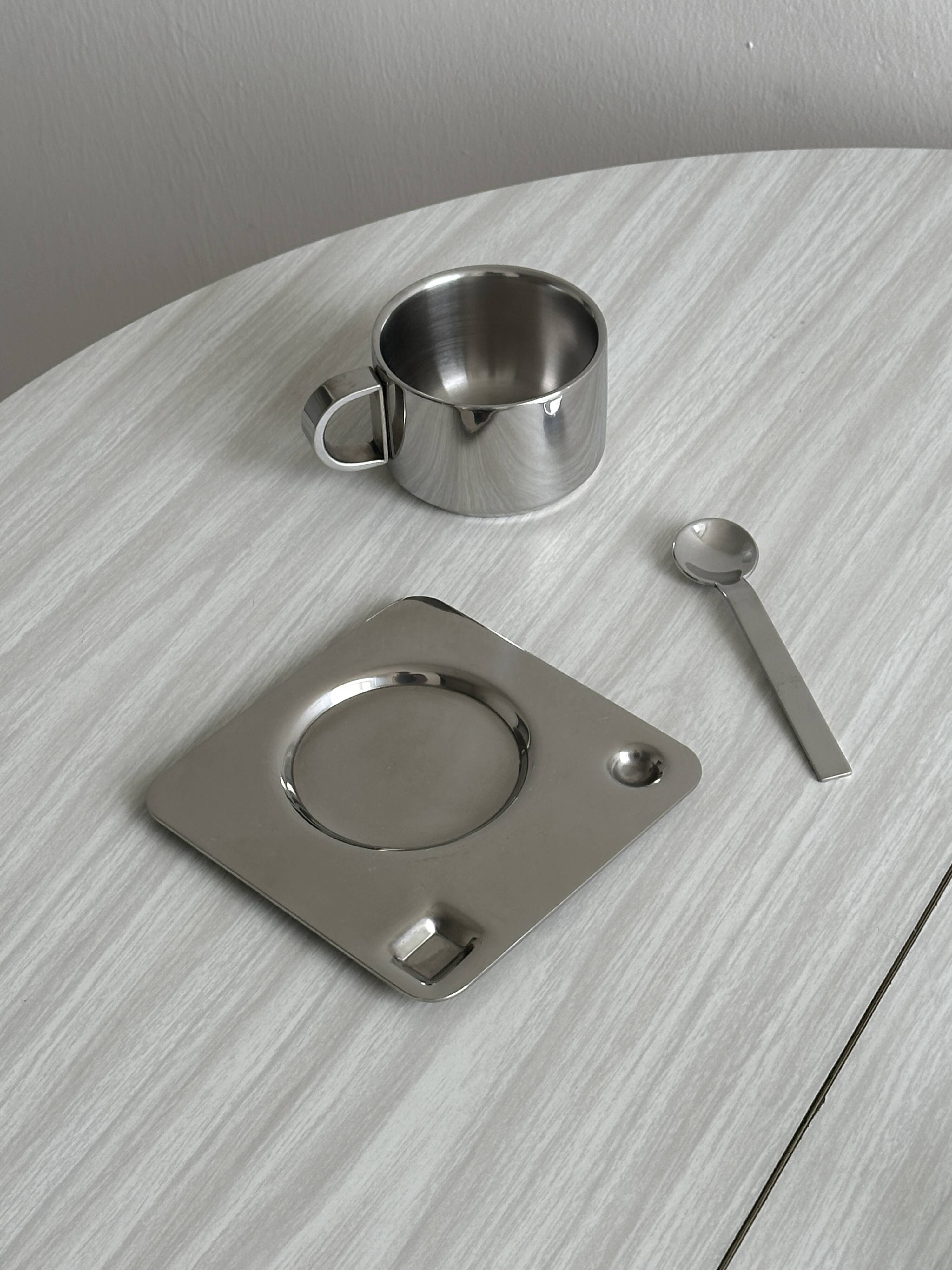 Designer stainless steel cups with tray and spoon