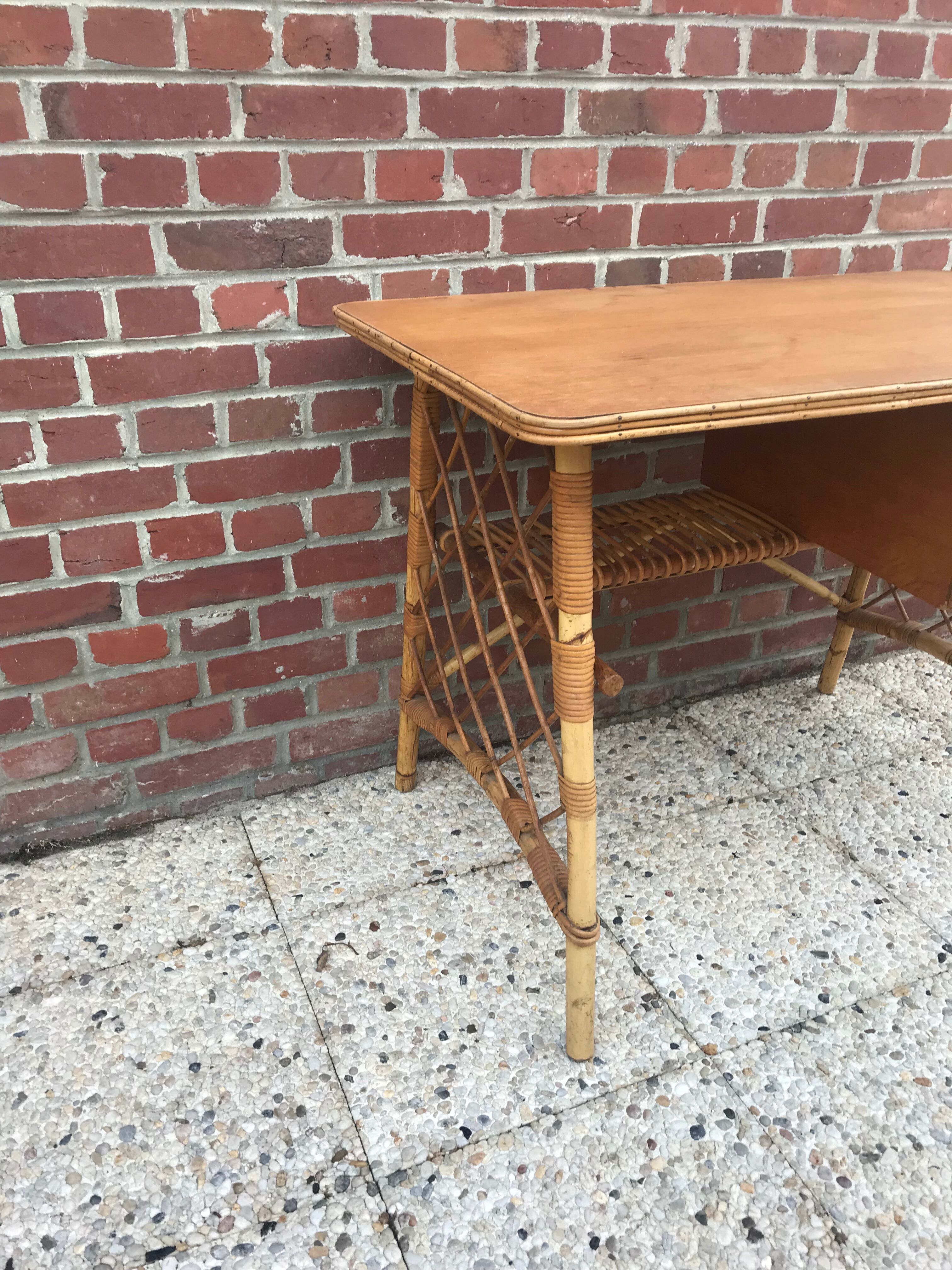 Vintage desk with 3 rattan drawers by Louis Sognot 1960