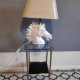 White ceramic horse head lamp beige lampshade and golden interior