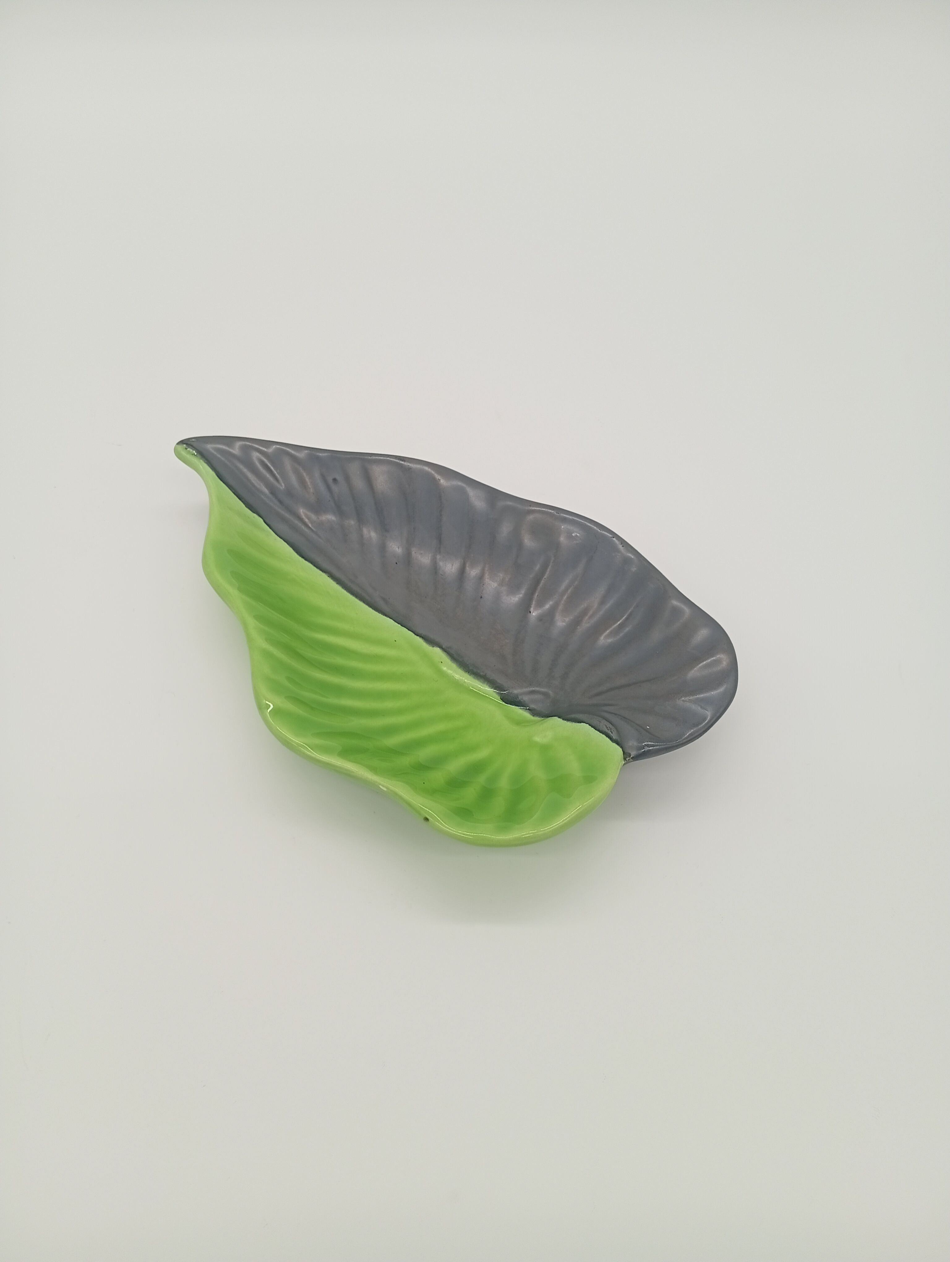 SAP Vallauris Vintage Leaf Bowl Two-Tone Ceramic Green Black 50s 60s