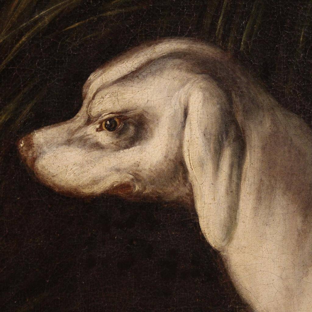 Peinture antique française paysage avec chien