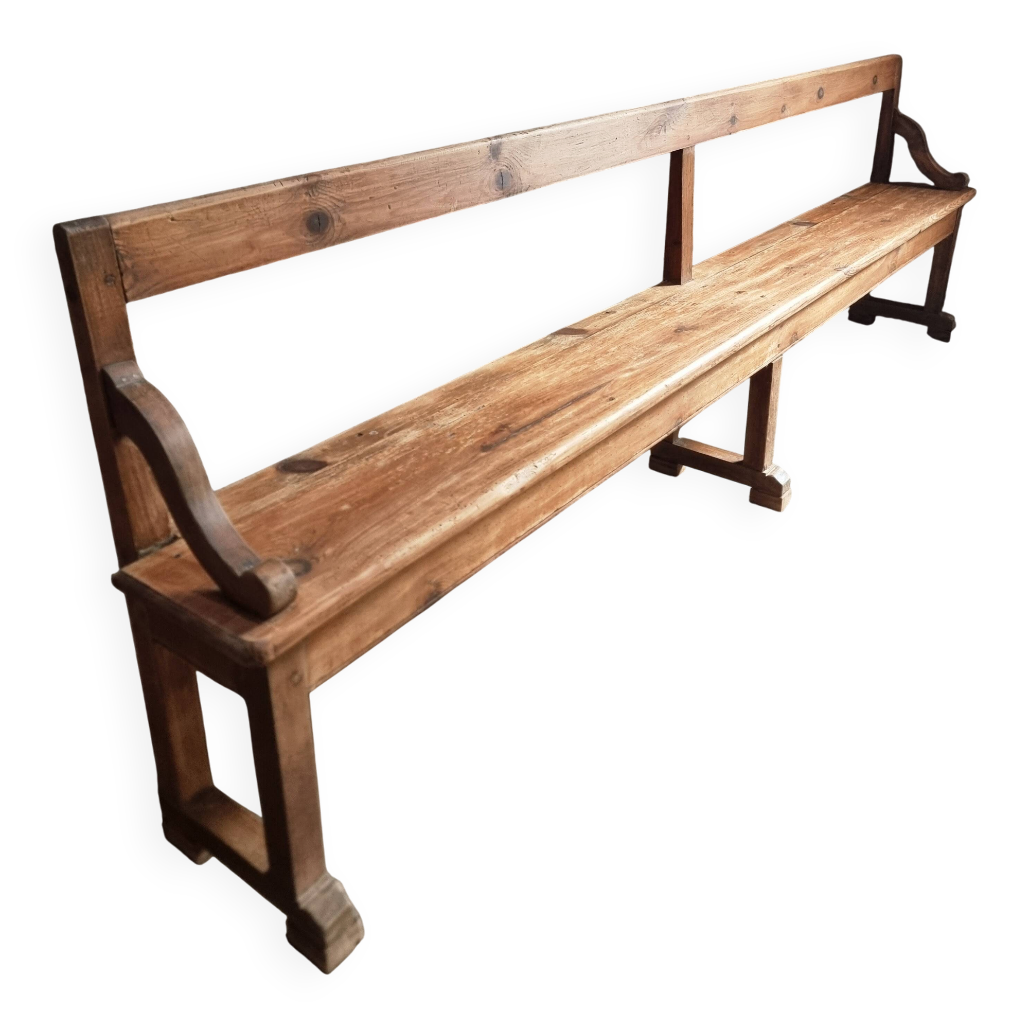 Grand banc ancien en bois avec dossier – fin XIXe siècle, pin et chêne