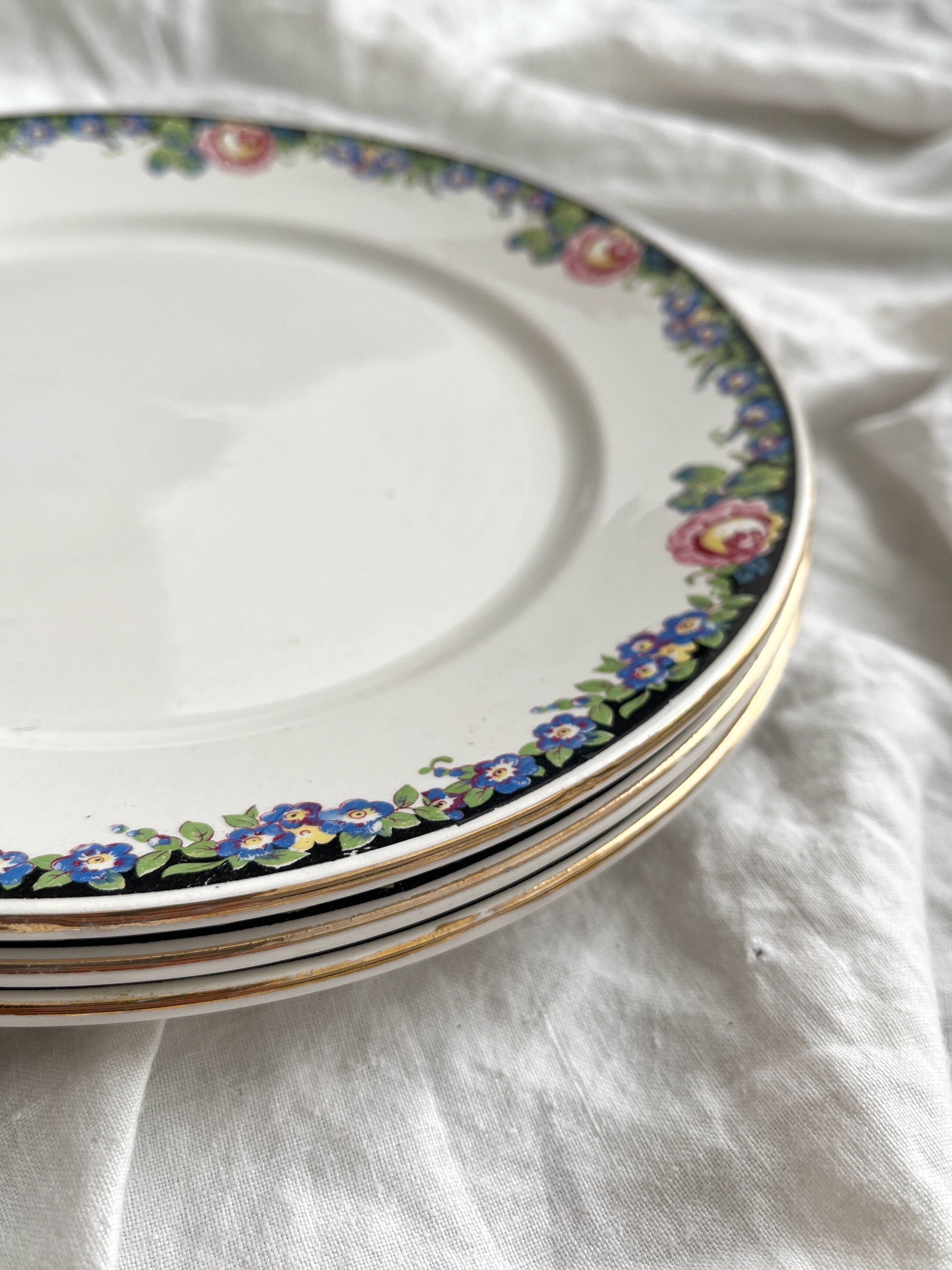 3 vintage black floral frieze dessert plates from Digoin and Sarreguemines