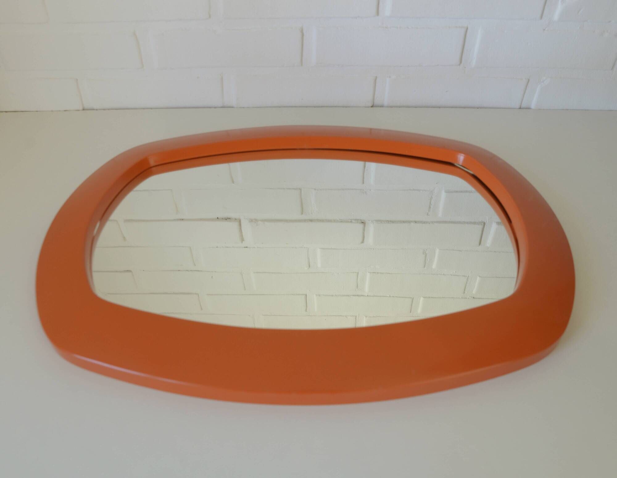 Rare 1970s Orange Space Age Mirror | Vintage Pop Art Yugoslav Wall Mirror