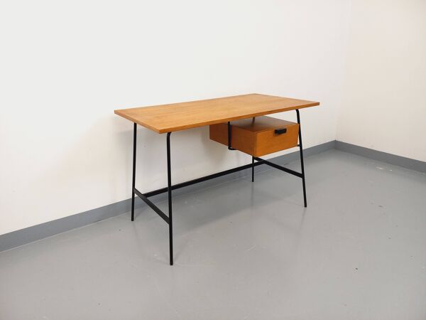 Bureau moderniste vintage Pierre Paulin en bois de chêne et métal noir