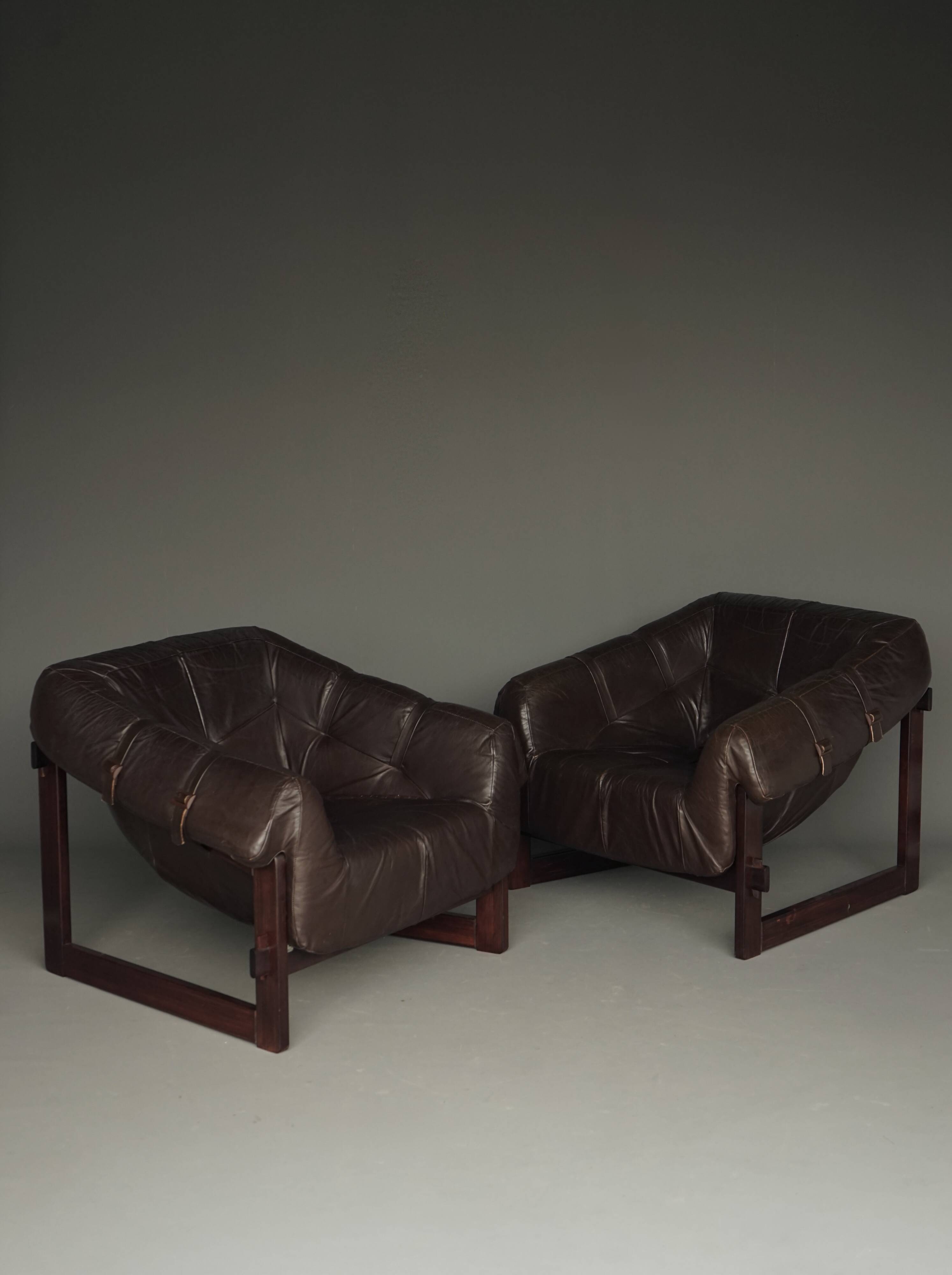 Rare pair of model MP-91 leather lounge chairs by Percival Lafer
