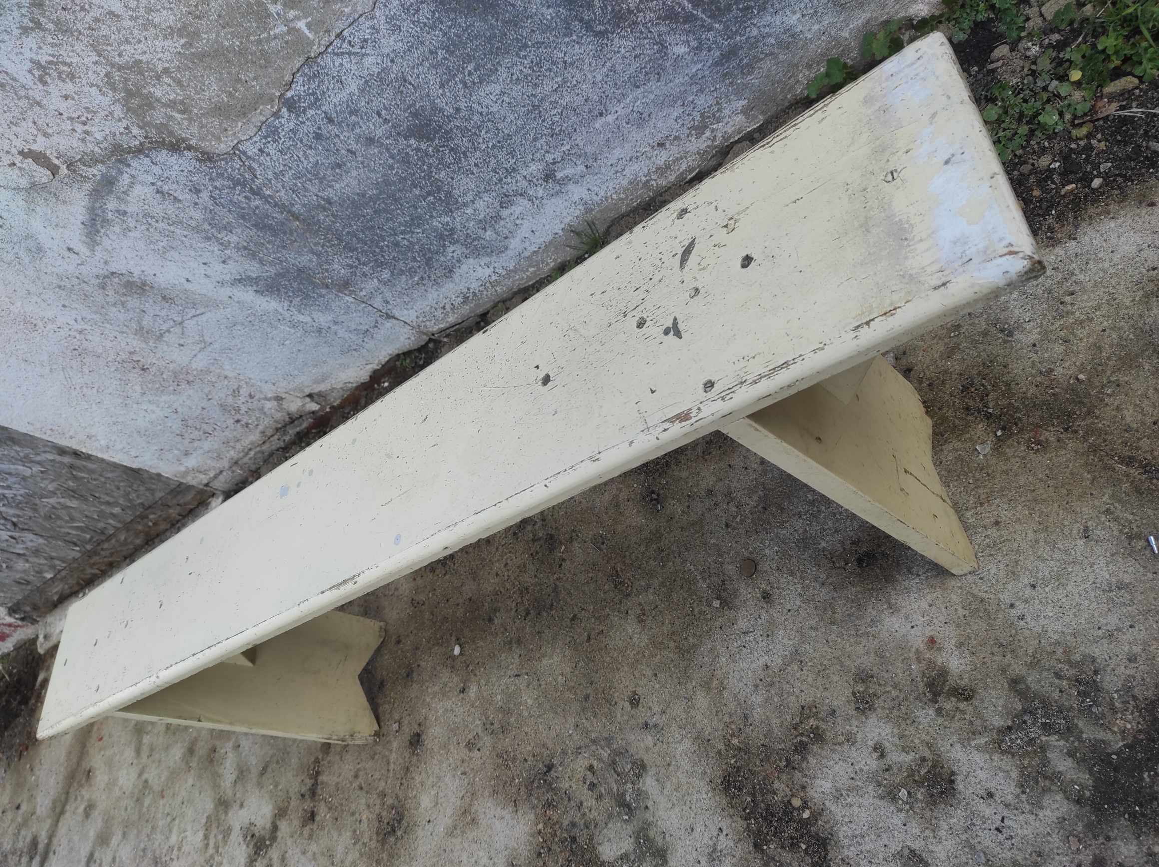 Old wooden farm bench vintage white fir industrial cloakroom