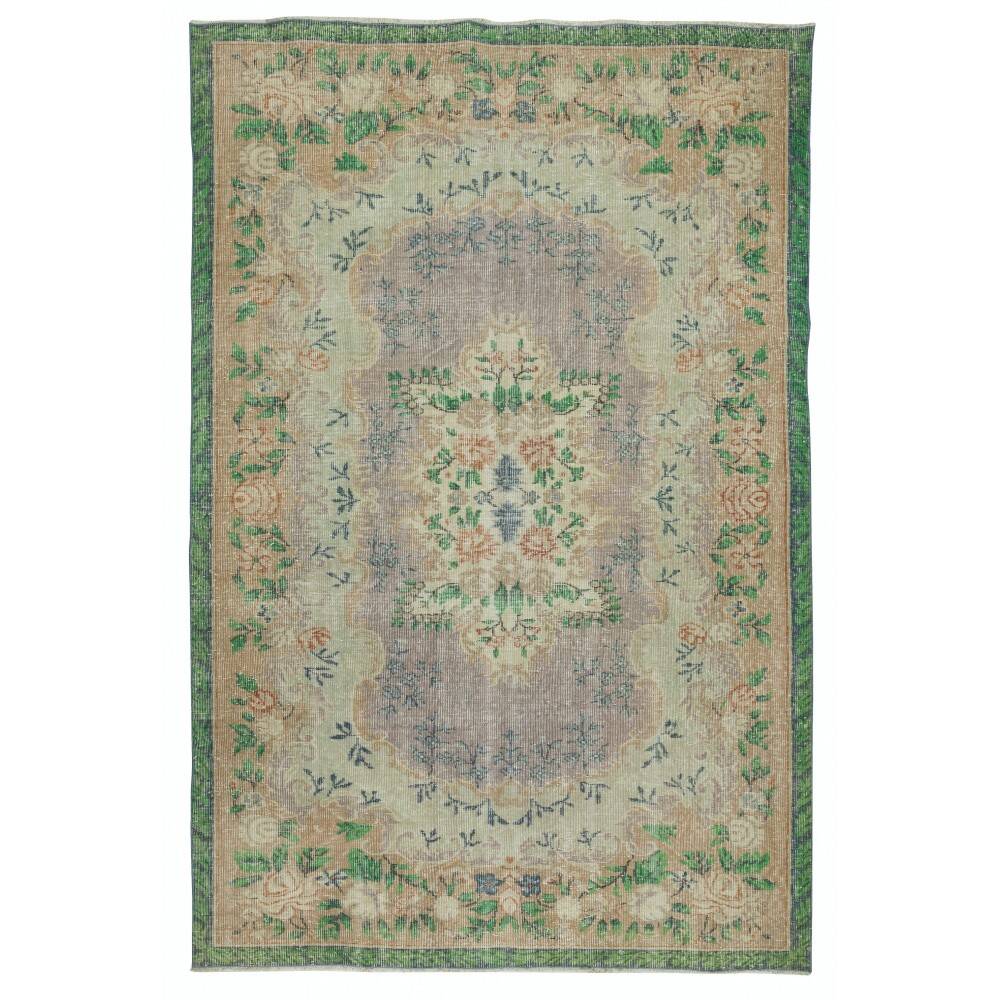 Vintage Turkish Rug in Shades of Green. Hand knotted Floral Medallion Design Carpet