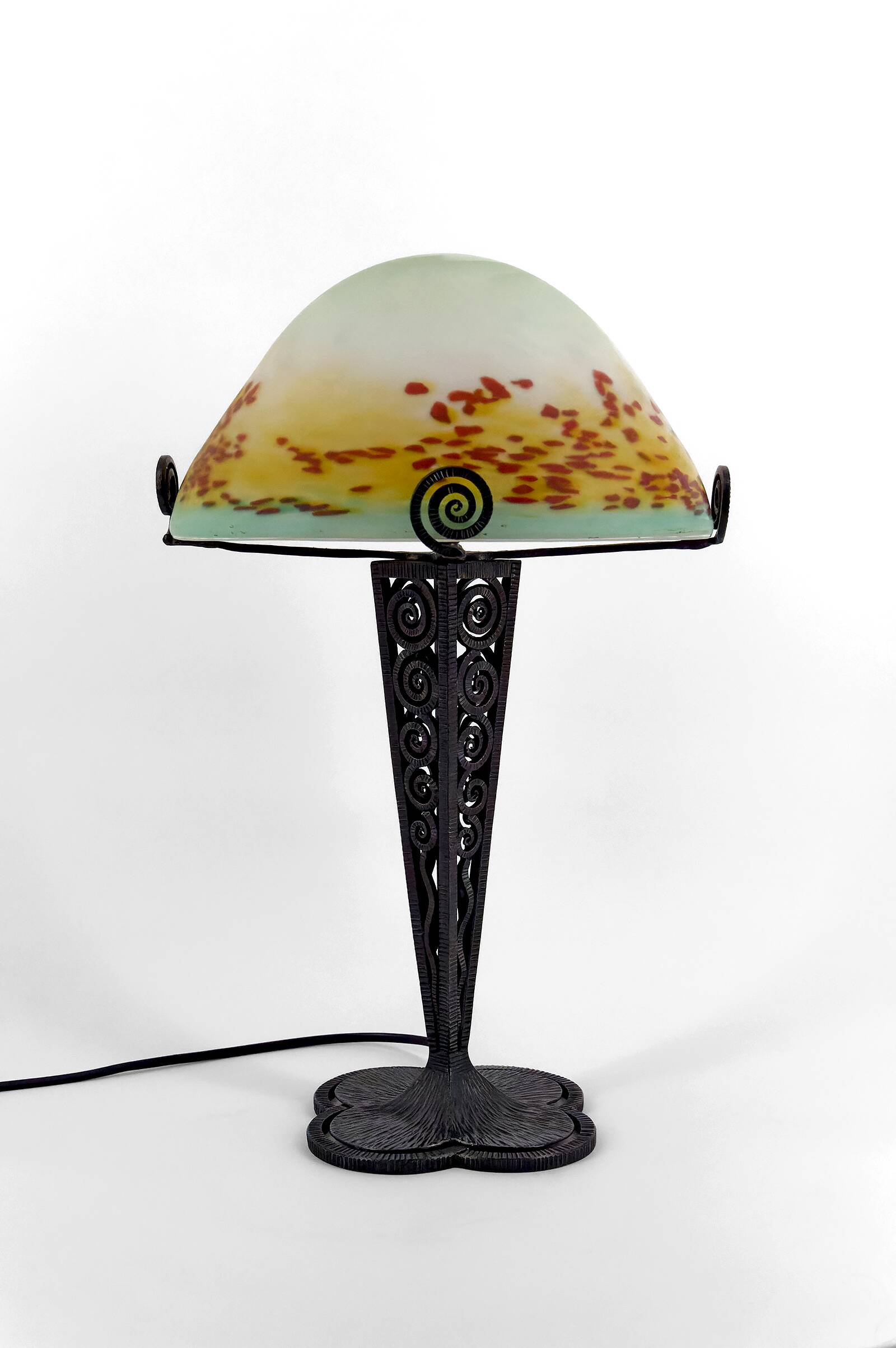Wrought Iron Mushroom Lamp with Blown Glass Shade, 1920