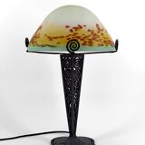 Lampe Champignon en Fer Forgé et Abat-jour en Pâte de Verre Soufflée, 1920