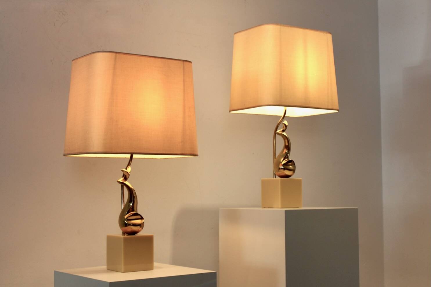 Pair of Exclusive Philippe-Jean Brass Art Sculpture Table Lamps, signed