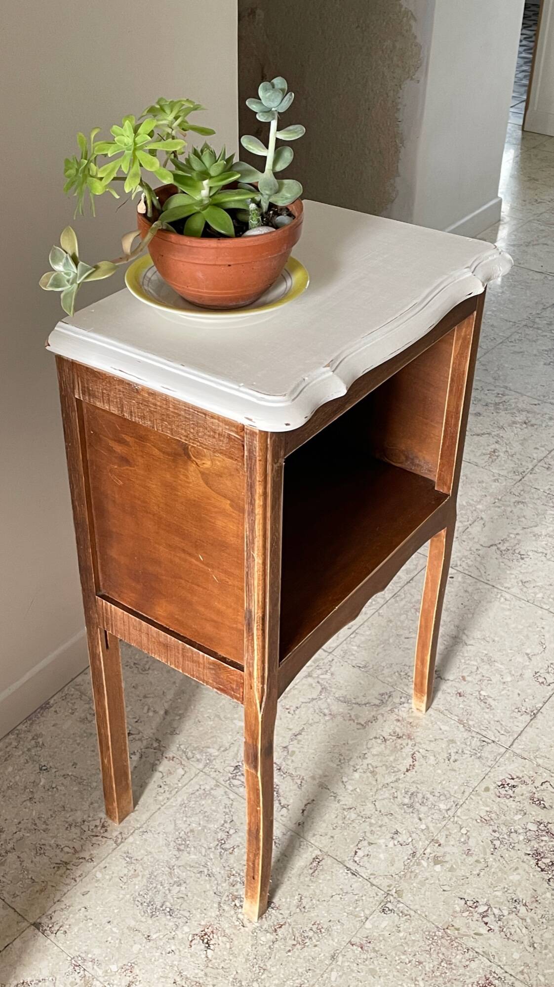 Vintage wood and white bedside table