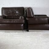 Pair of armchairs brown leather base stainless steel, France, circa 1970