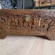 Carved chest in Asian camphor wood, chinoiserie boat decoration.