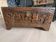 Carved chest in Asian camphor wood, chinoiserie boat decoration.