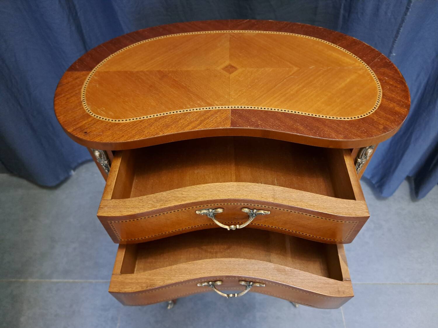 Louis XV style marquetry kidney bedside table