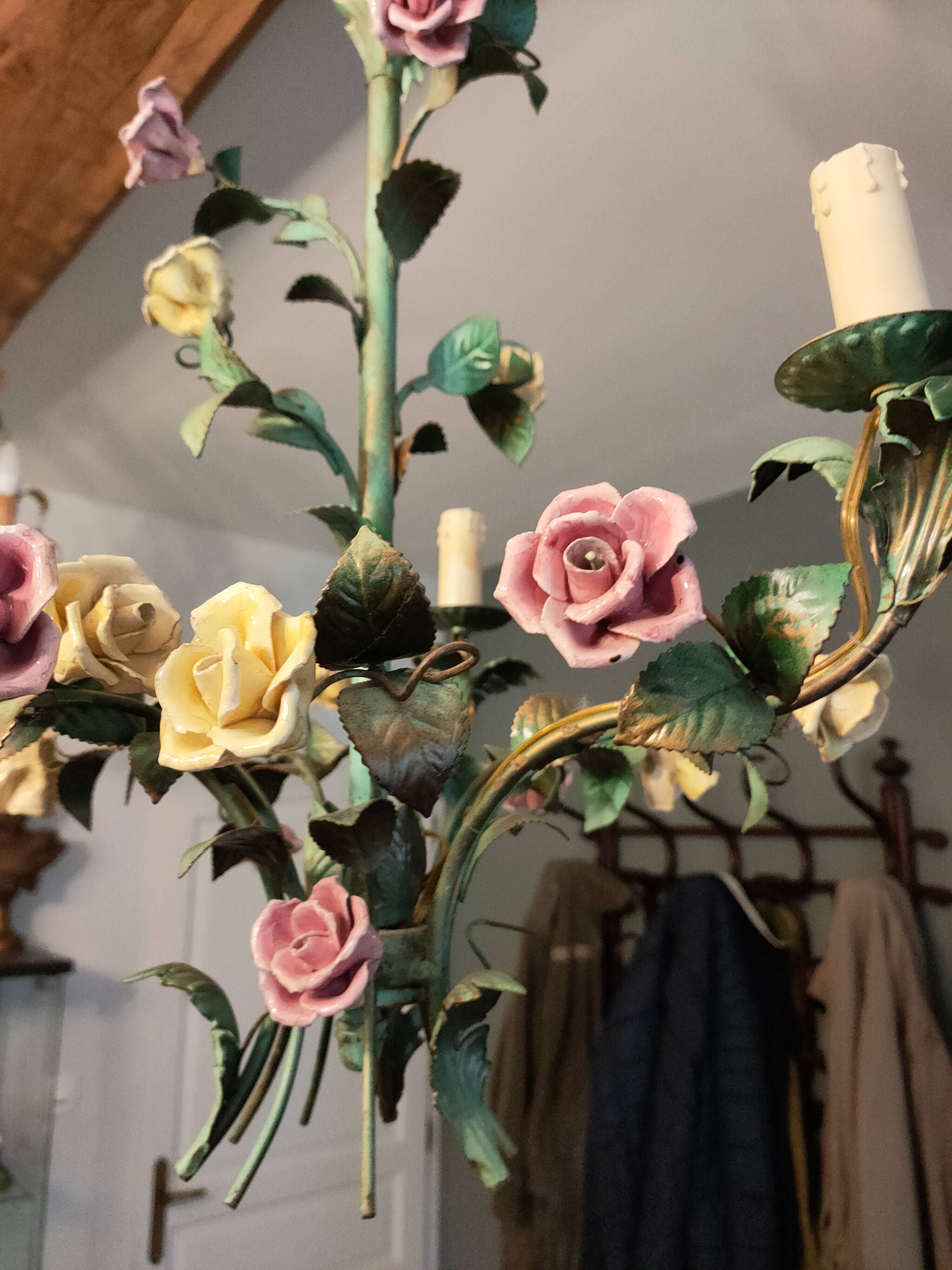 metal chandelier and porcelain flowers