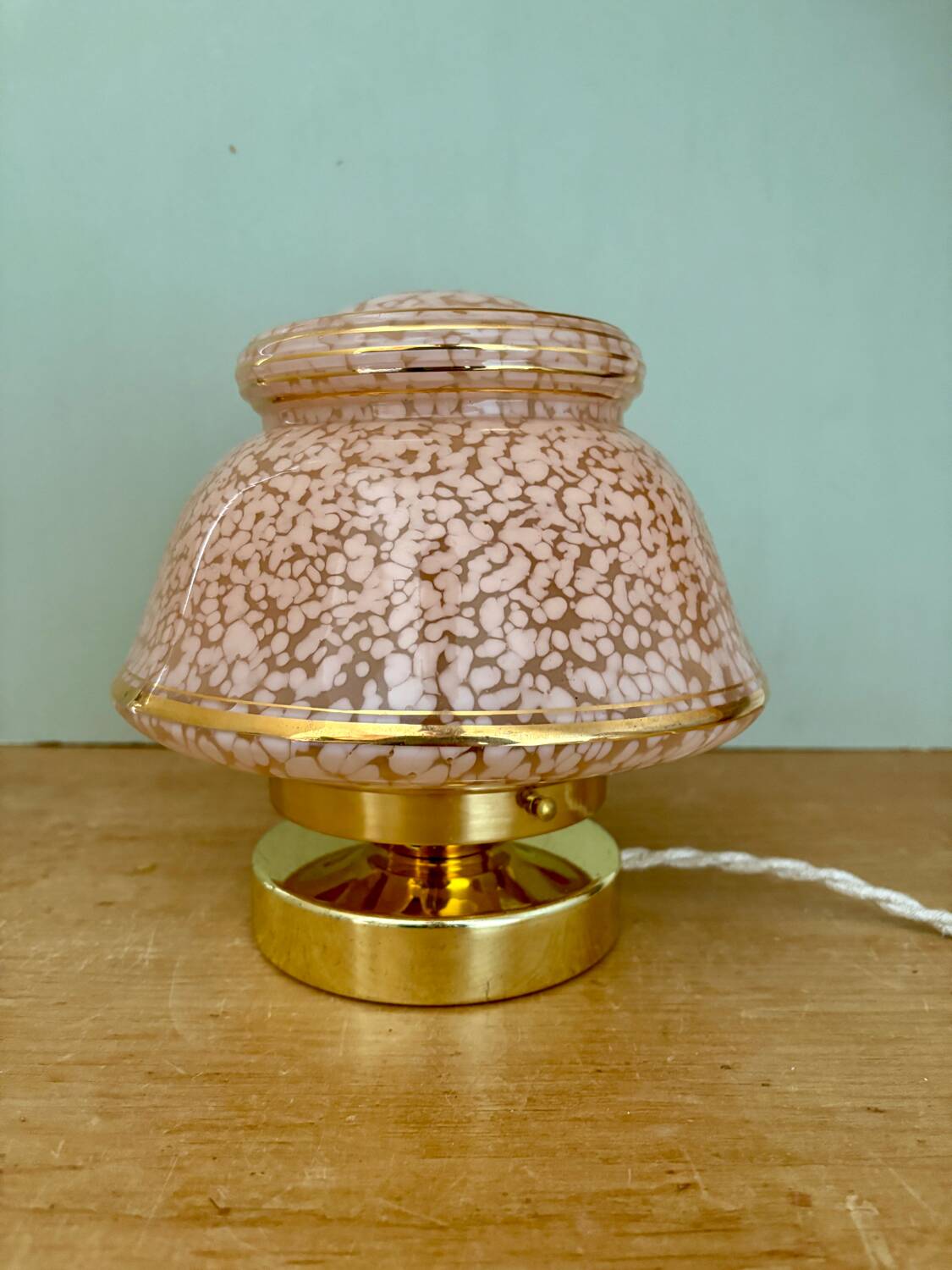 Antique art deco globe table lamp in pink and gold Clichy glass