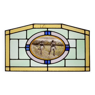 Art Deco Stained Glass Panel Depicting Runners in Motion, Belgium ca. 1910