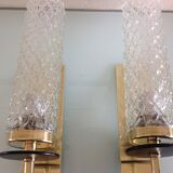 Pair of brass and glass wall lamps tube / vintage 60s-70s