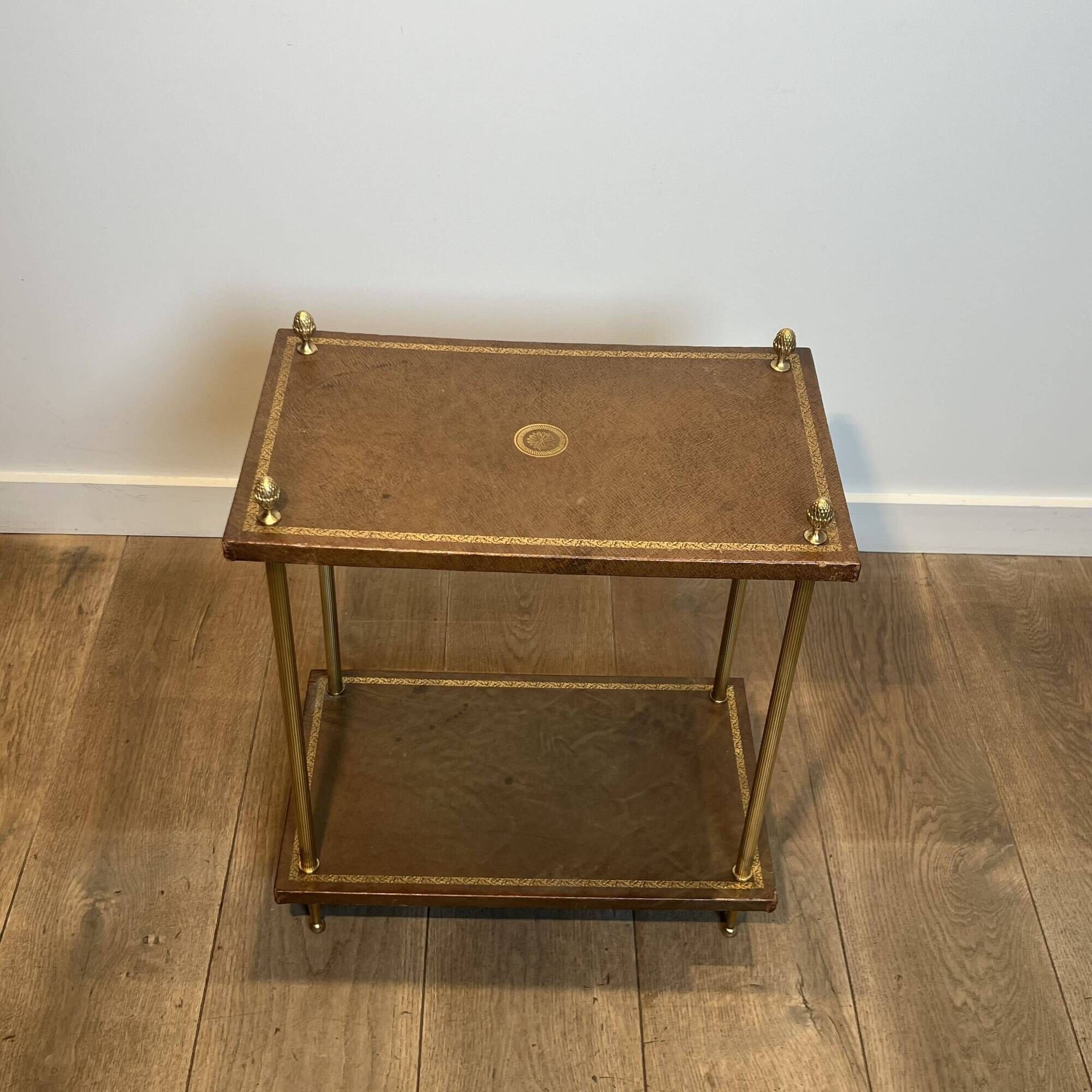 Double Tray Leather Sofa Table in Golden Tawny with Small Iron Details. Brass
