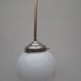 Old hanging lamp, brass stem and white opaline globe
