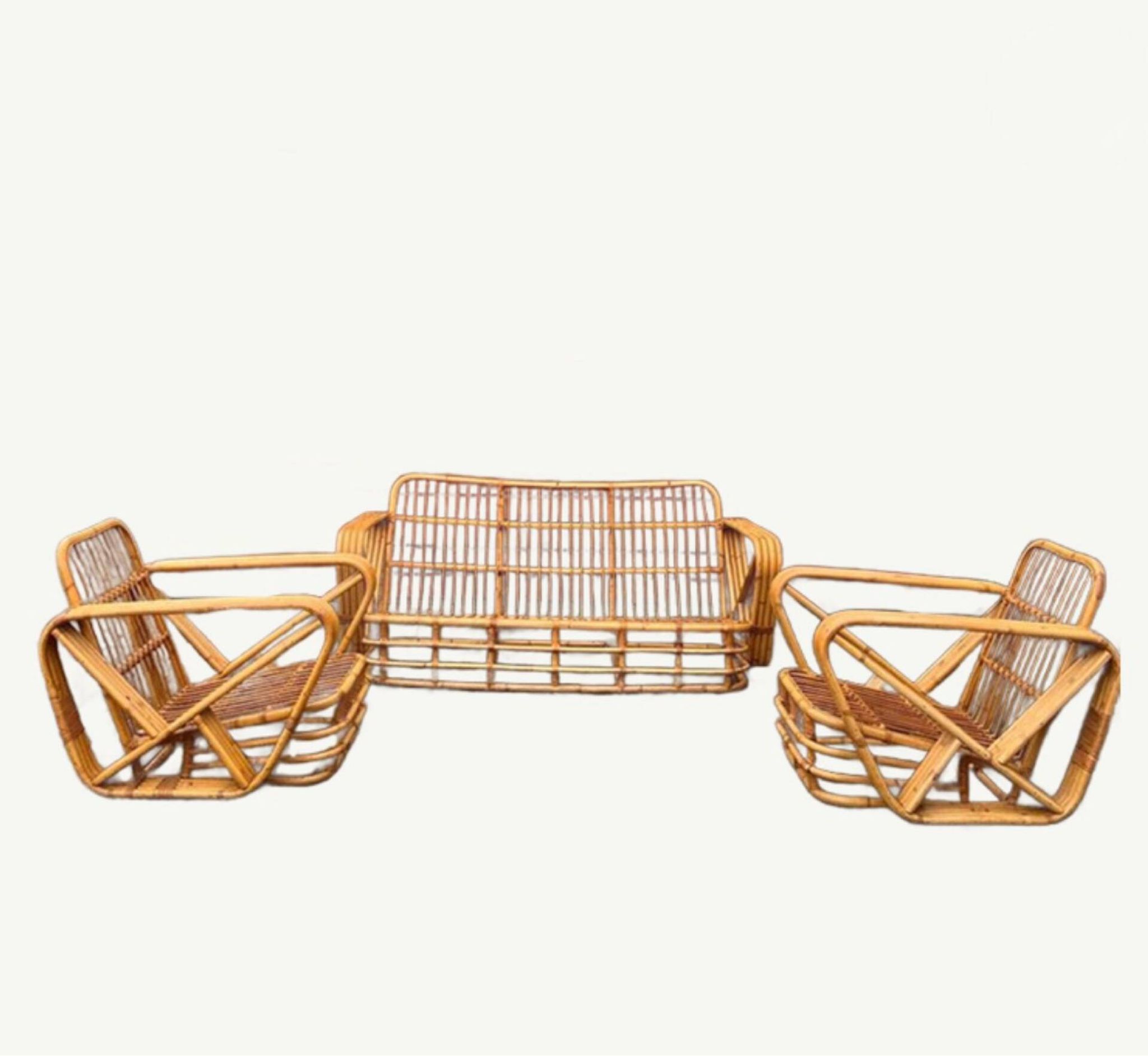 Rattan lounge | sofa + 2 armchairs | in the style of Paul Frankl |
