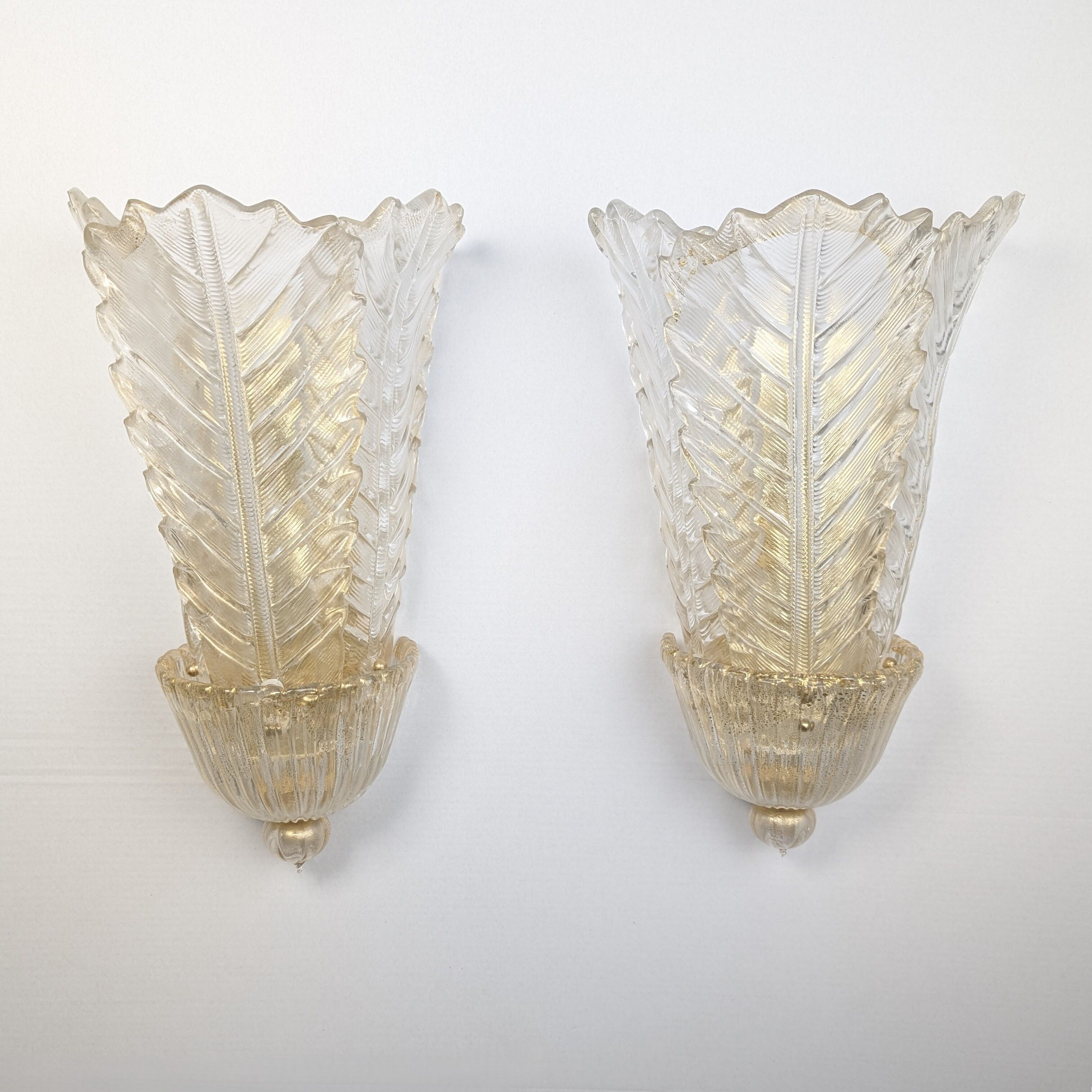Paire de grands appliques murales Barovier & Toso Foglia d’Oro, années 1980.