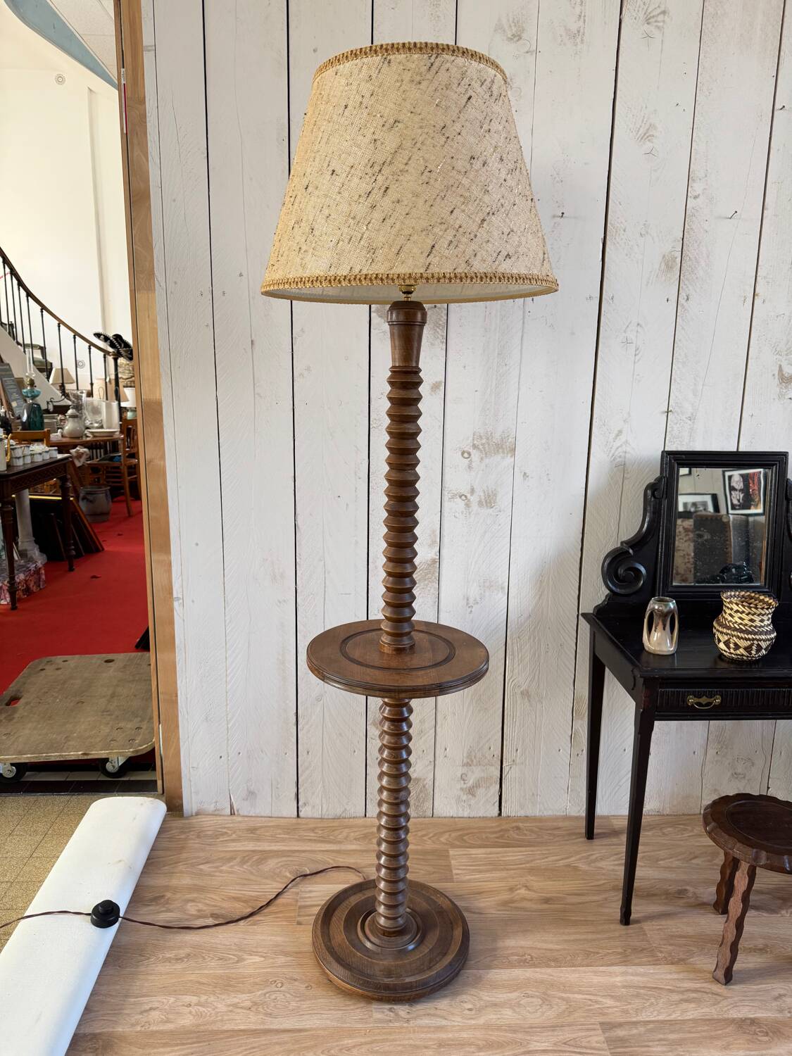 Turned wooden floor lamp