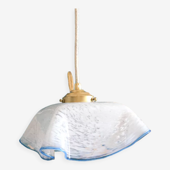 Suspension lamp in white and blue Clichy glass