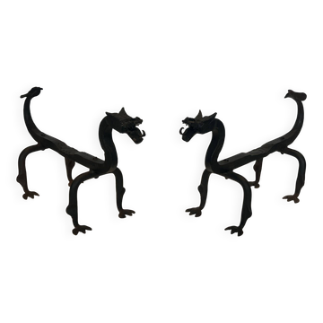 Pair of wrought iron fire dogs with dragons