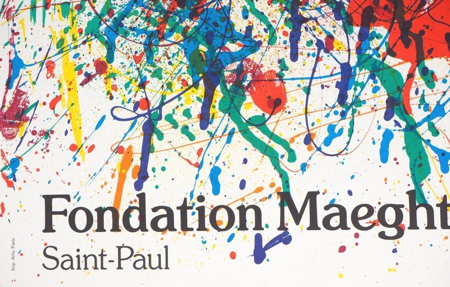 Affiche d'exposition réalisée en lithographie originale Sam Francis, explosion de couleurs, 1983.