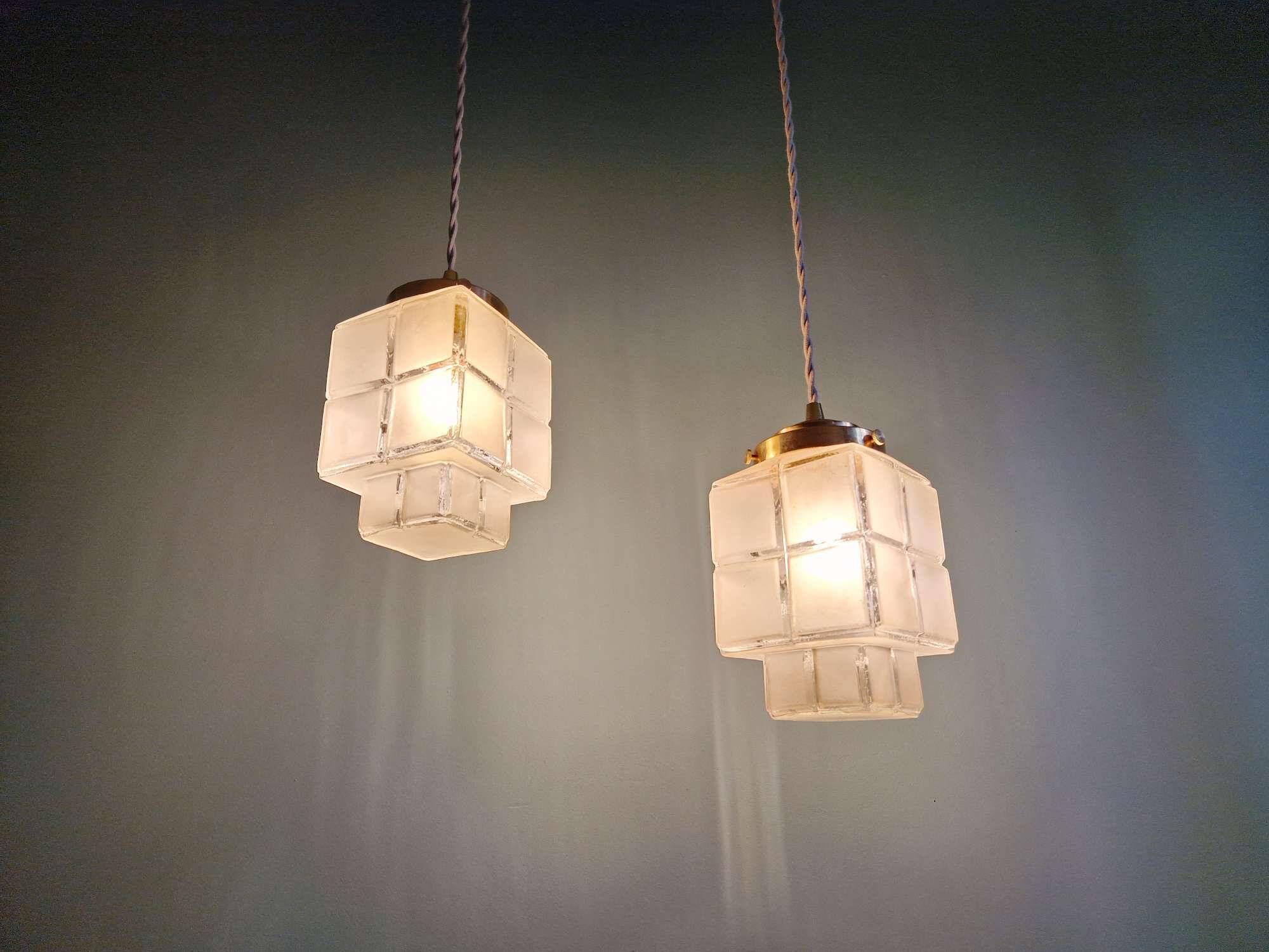 Pair of Art Deco Skyscraper satin glass pendant lights, 1930s