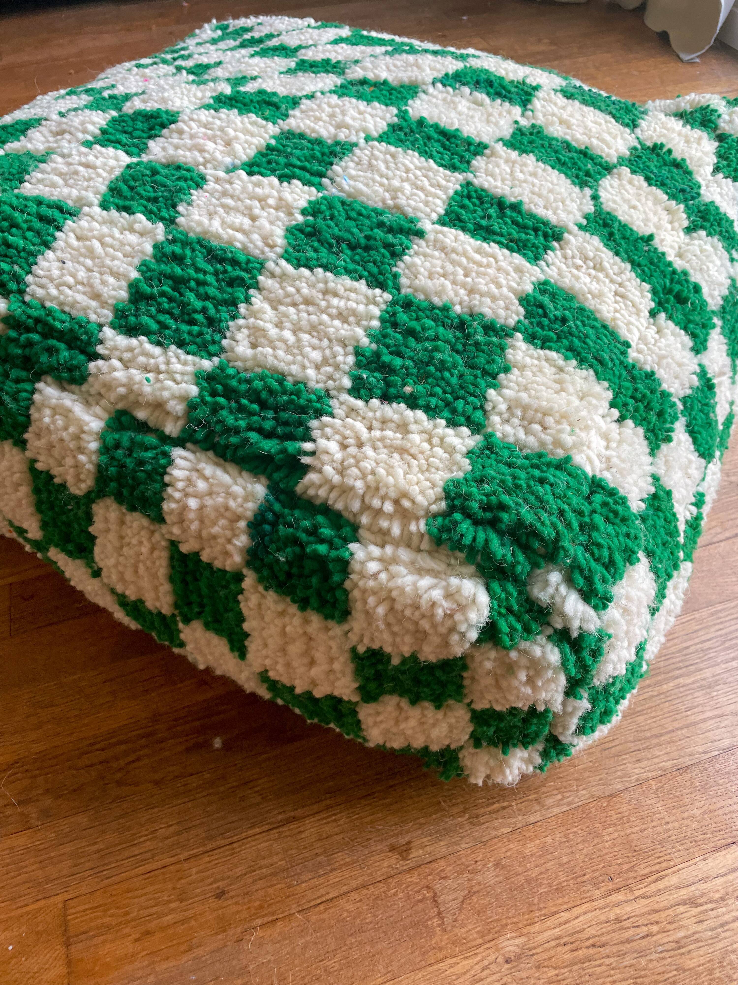 Moroccan Berber pouf with fir green and bohemian off-white checkered