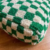 Moroccan Berber pouf with fir green and bohemian off-white checkered