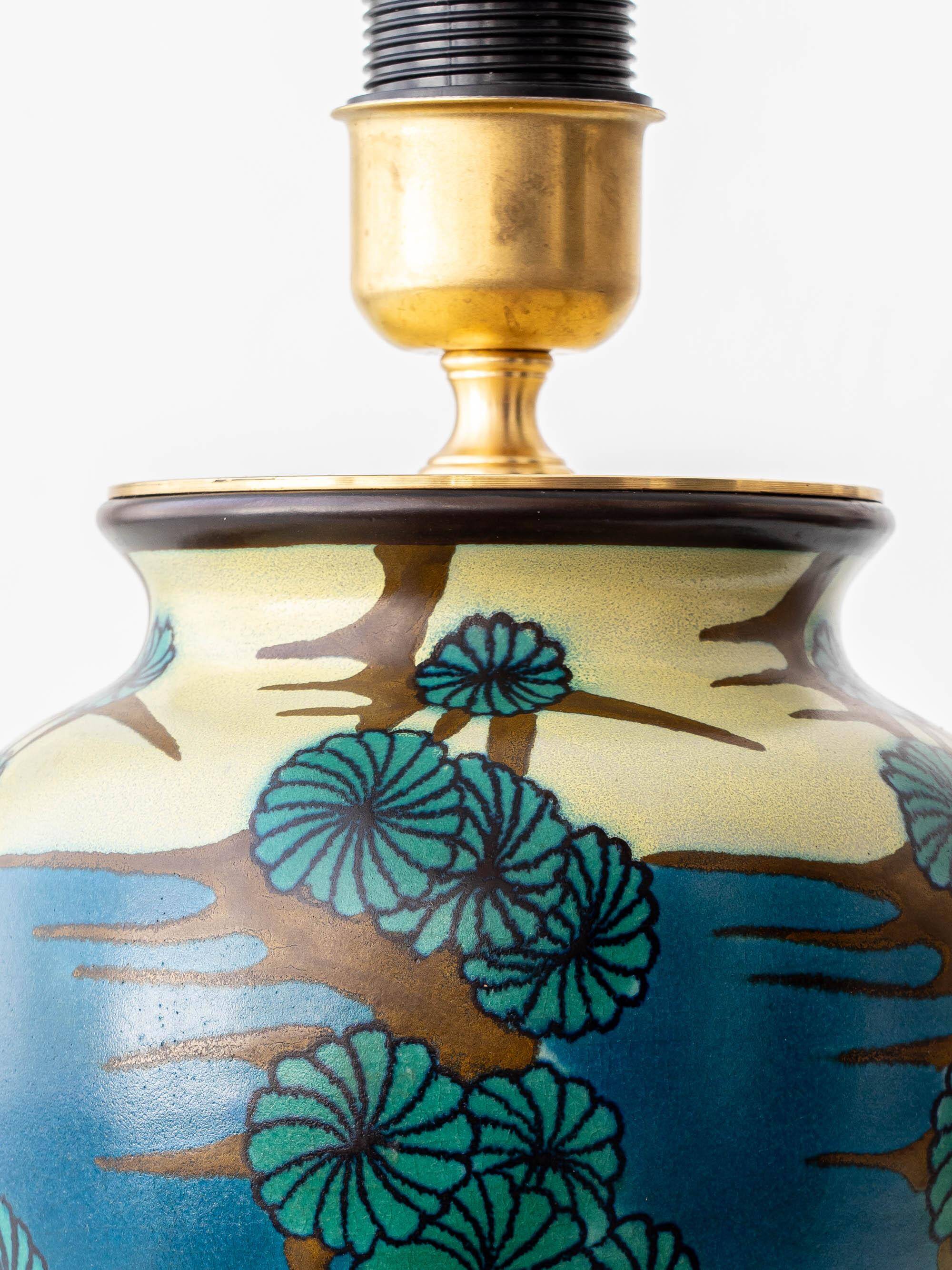 Art Deco Japonisme ceramic table lamp, 1928, new silk sari ribbon lampshade.