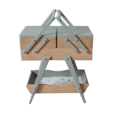 Travailleuse en bois relookée boite à couture porte-plantes , vintage , années 50, pieds compas