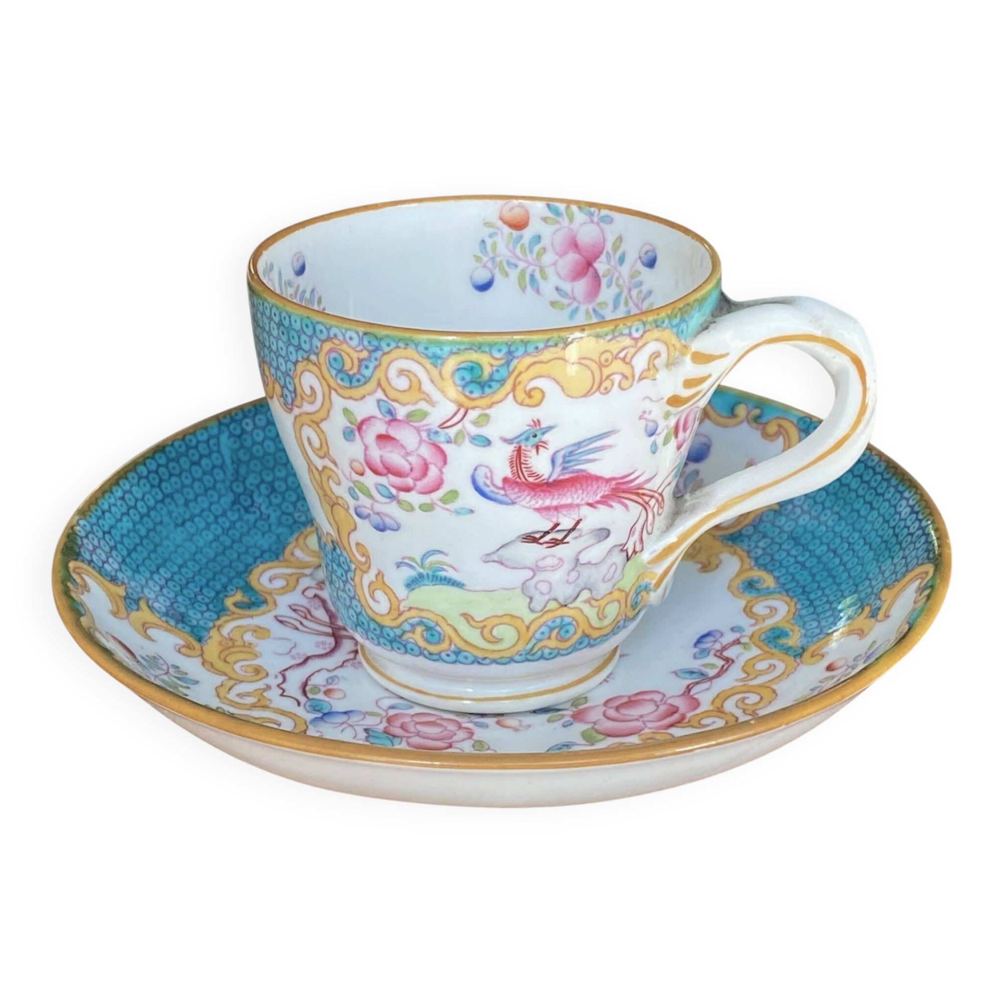 English porcelain coffee cup and saucer Minton 4910 blue bird design