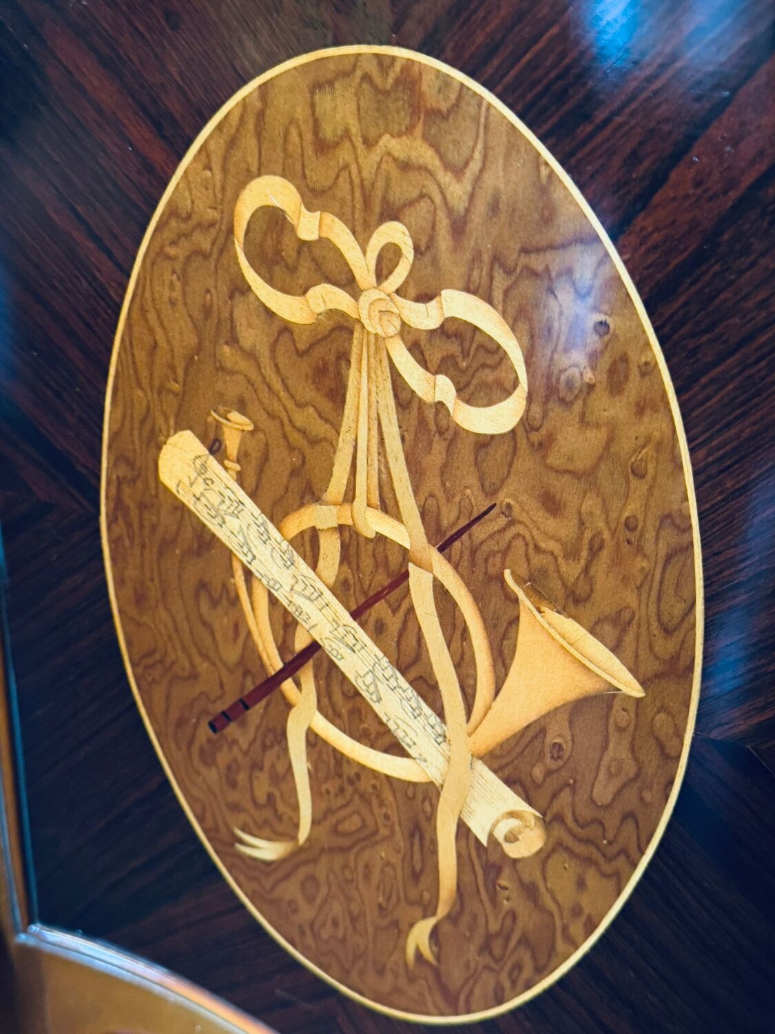 Exquisite Louis XV Style Bombé Commode with Musical Marquetry & Marble