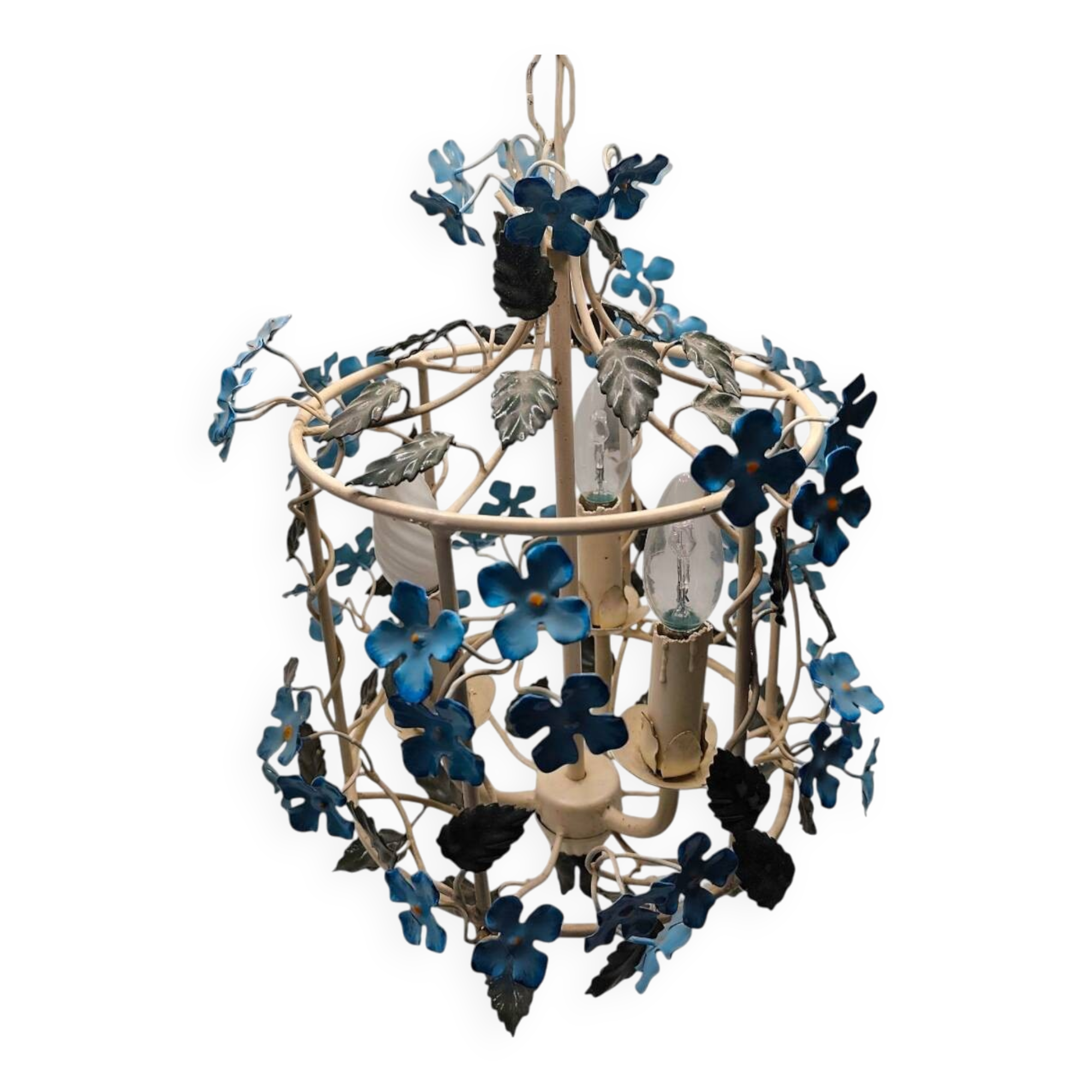 Vintage 1950s Italian Wrought Iron Floral Chandelier – Hand-Painted